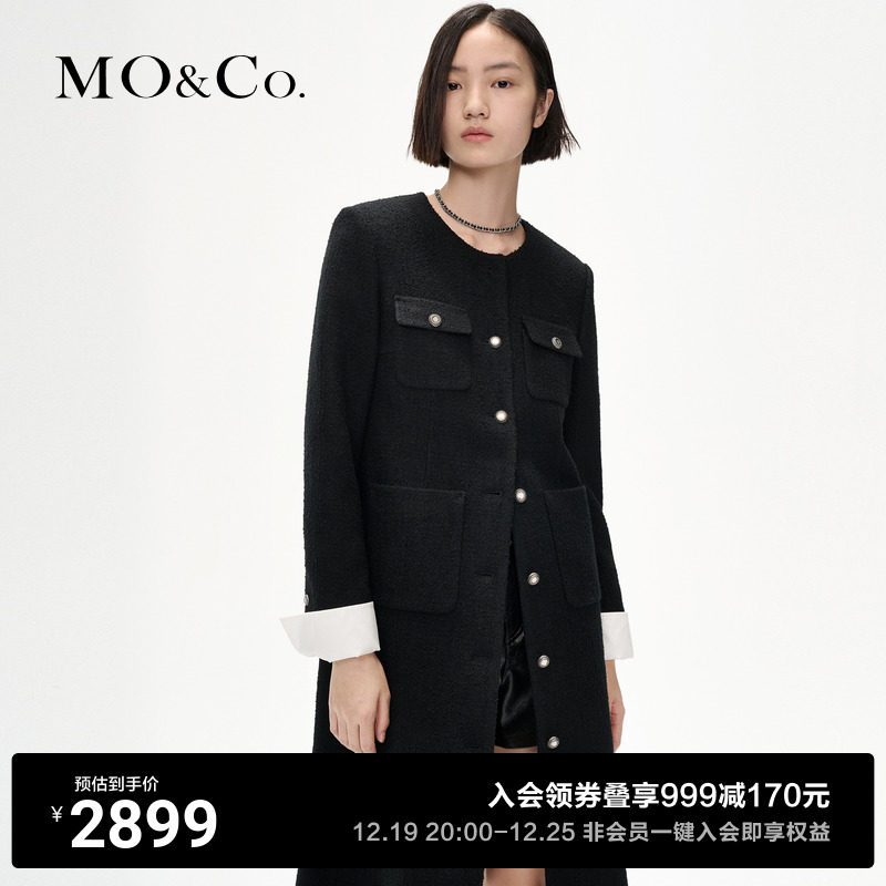 MOCO2023 winter new product with cotton wool coarse flower with padded shoulder black small fragrant wind one-piece dress MBC4DRS023 -Taobao