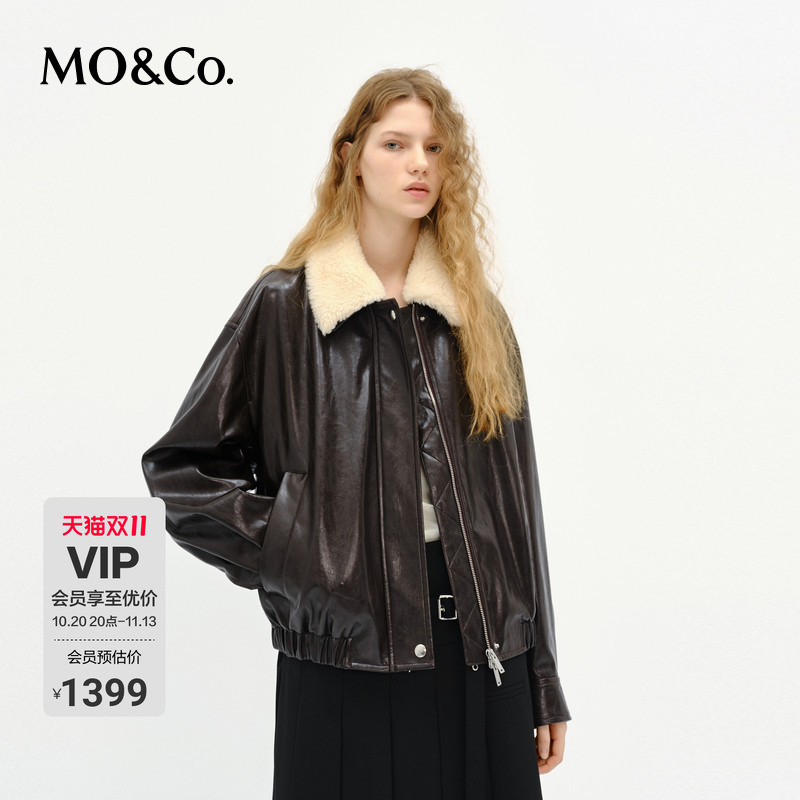 Moco Jacket with Detachable Fur Collar, Vintage Oil Wax Leather, Elastic Hem, Mo Anke Moco Jacket with Detachable Fur Collar, Vintage Oil Wax Leather, Elastic Hem, Mo Anke