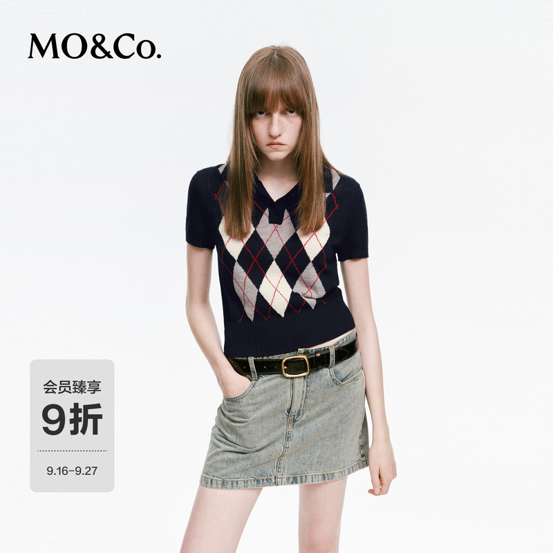 Moco Knitwear 2026 Autumn New Product Sheep Wool Retro Preppy Style Quilted Short-Sleeved Short Style Mbf3Swt003