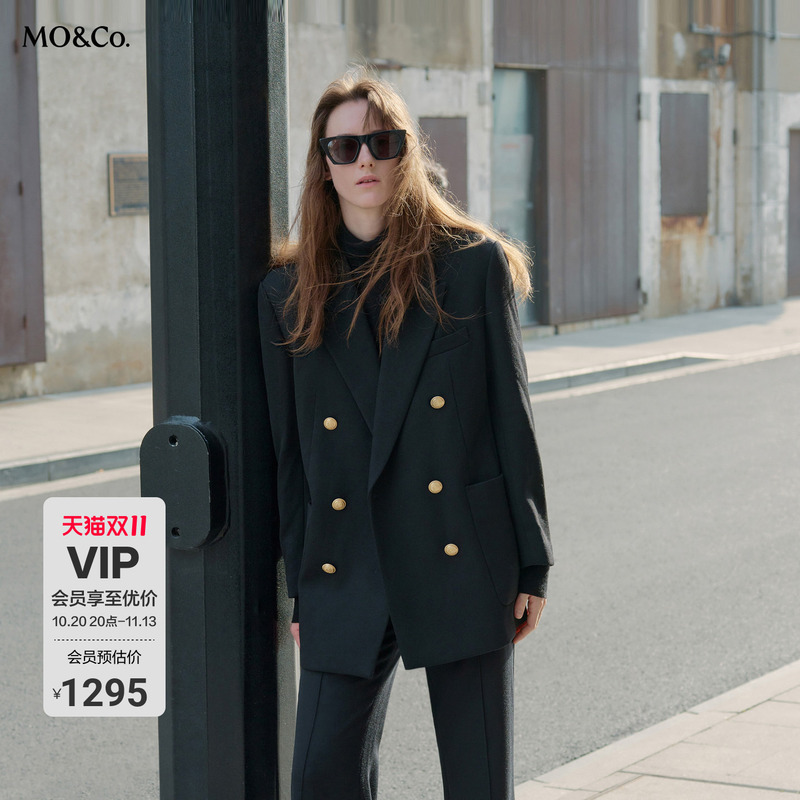 Moco Suit Wool Fine-Spun Vintage Double-Breasted Gold Button Wide-Shoulder Silhouette Jacket for Commuting and Casual Wear by Moanke Moco Suit Wool Fine-Spun Vintage Double-Breasted Gold Button Wide-Shoulder Silhouette Jacket for Commuting and Casual Wear by Moanke
