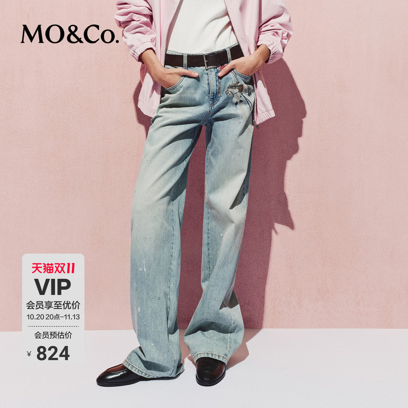 Moco Jeans Year of the Ox Series White Ink Print Rhinestone Vintage Washed Rhinestone Embellished Pants Long Pants Moco