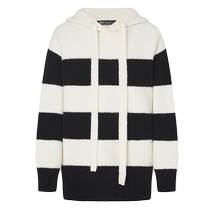 MOCO black and white striped drawstring hooded sweater wool blend lazy style wool knitted cardigan