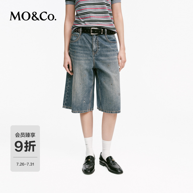 Moco Jeans 2026 Autumn New Vintage Washed Cotton Silver Embellished Rhinestone Five-Point Wide-Leg Pants Mbf3Sot003
