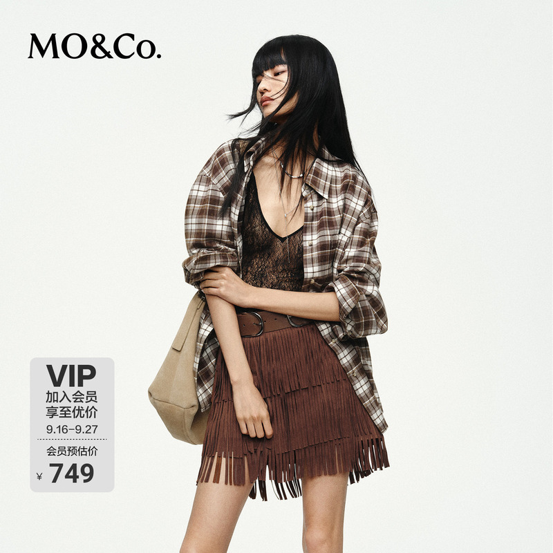 Moco Shirt with a Washed-Out, Faded Look, Rich Velvet Texture, Vintage Plaid Pattern, Loose Fit, Boyfriend Style, Mo&Co