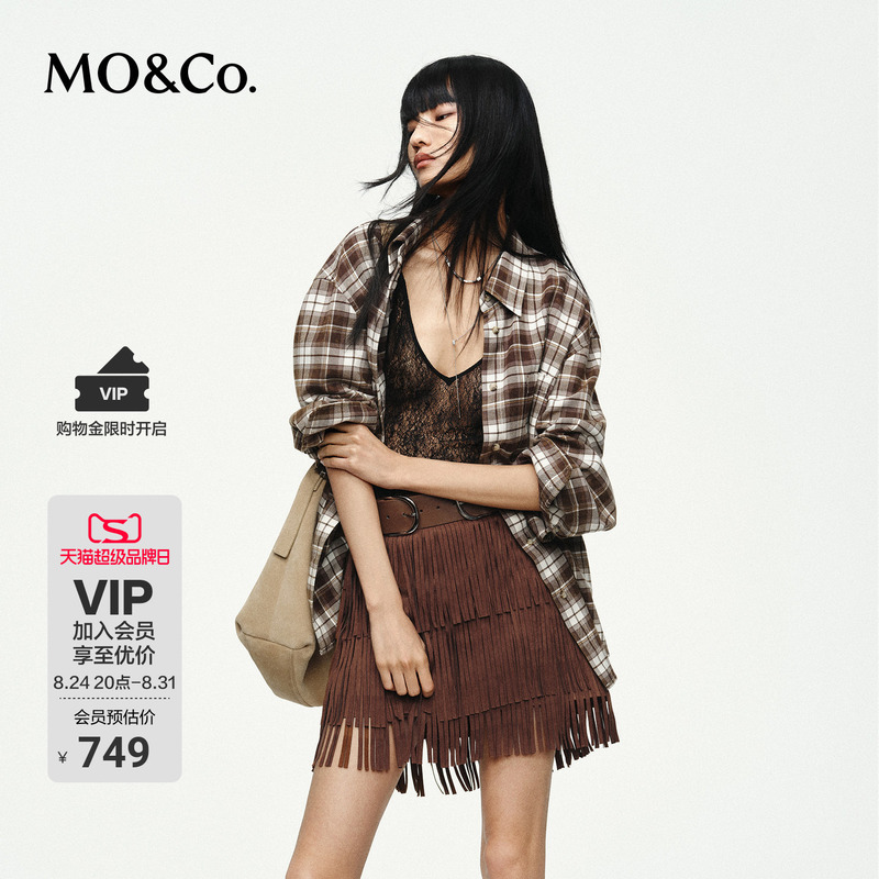 Moco Shirt with a Washed-Out, Faded Look, Rich Velvet Texture, Vintage Plaid Pattern, Loose Fit, Boyfriend Style, Mo&Co Moco Shirt with a Washed-Out, Faded Look, Rich Velvet Texture, Vintage Plaid Pattern, Loose Fit, Boyfriend Style, Mo&Co