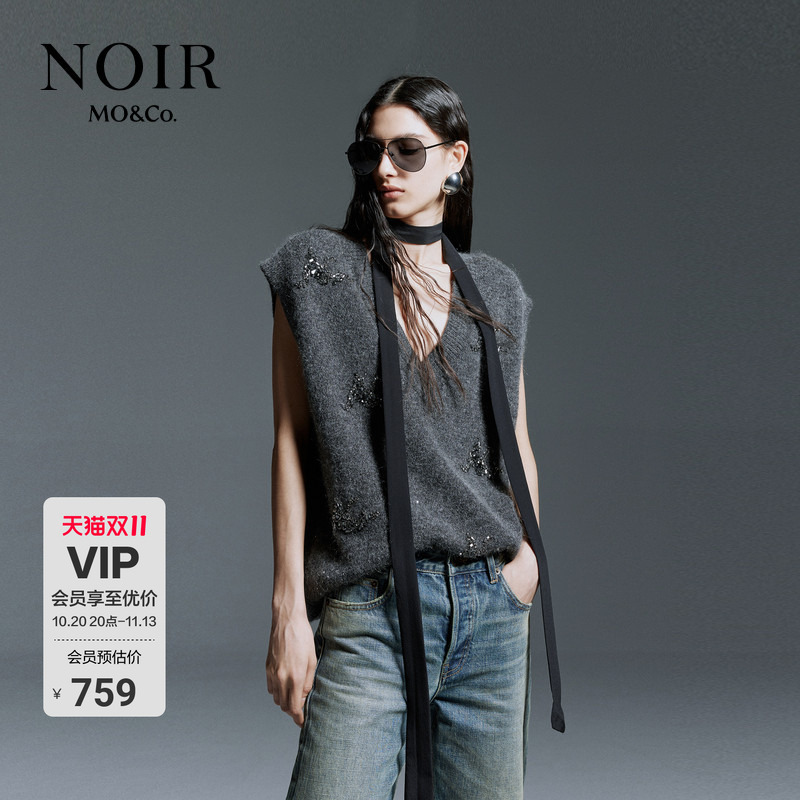 【Noir Series】Moco Sweater Rock Intellectual Handmade Rhinestone Embellishment Silver Thread Matte Moanke 【Noir Series】Moco Sweater Rock Intellectual Handmade Rhinestone Embellishment Silver Thread Matte Moanke