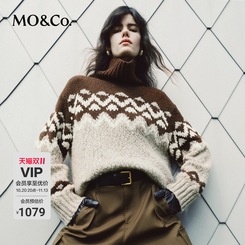Moco Sweater Italian Craftsmanship Thick Merino Wool Vintage Fair Isle Pattern Ribbed Turtleneck Top Mo&Co