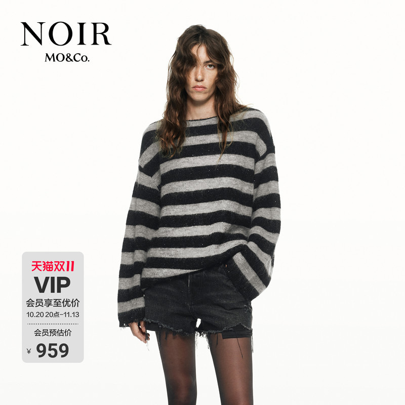 【Noir Series】Moco Sweater Wool Mohair Glitter Striped Distressed Gray Knitwear Moanke