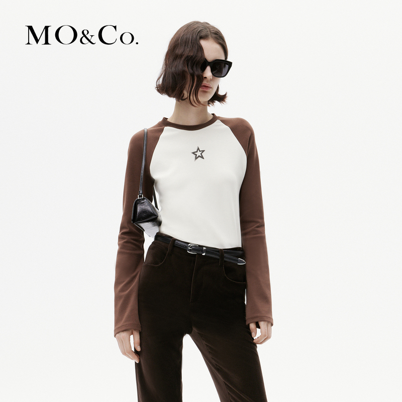 MOCO2023 Winter New Pint Water Pulp Stars American Collision Color Insert Shoulder Cuff Long Sleeve Short T-shirt MBC4TEE004 -Taobao
