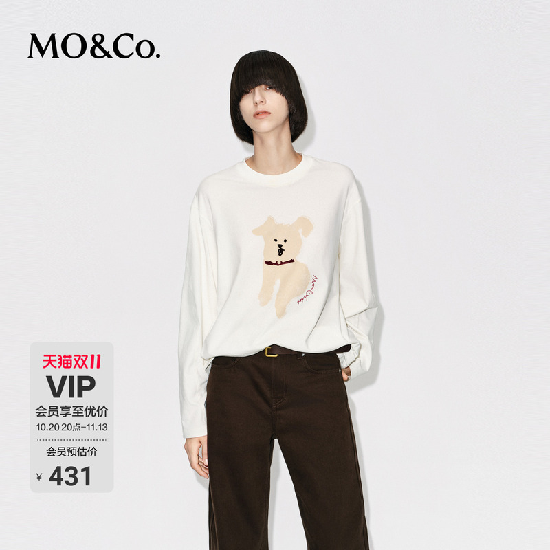 Moco Long-Sleeved T-Shirt Cotton Cute Pet Series Abstract Puppy Nostalgic Print Loose H-Shaped Round Neck Top Mo&Co