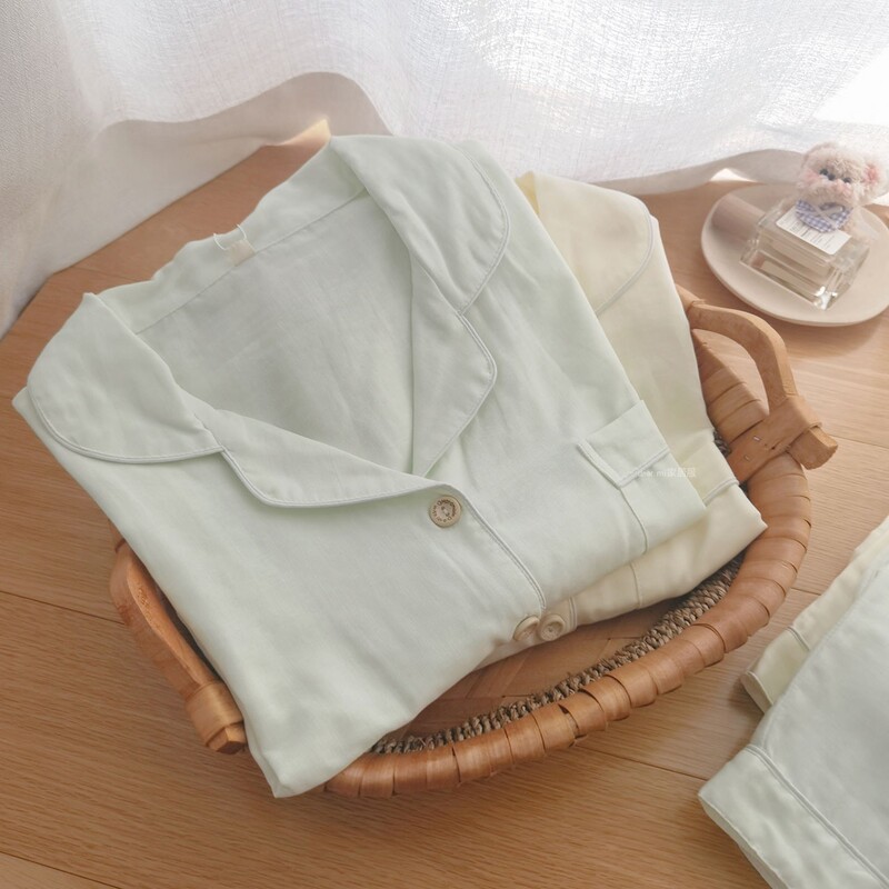 Yunrou Pajamas for Women, Summer Pure Cotton Double-Layer Gauze, All-Cotton, Fresh Solid Color, Short-Sleeved Shorts and Long Pants, Suitable for Wearing Outside, Loungewear