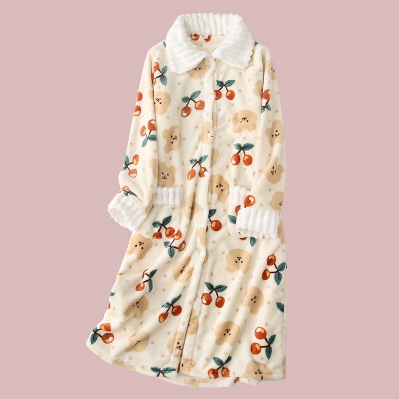 Sweet Merry Bear Flannel Sleeping Skirt Woman Autumn Winter Thickened Warm Long Sleeve Home Skirt Sleepwear Coral Suede Pajamas