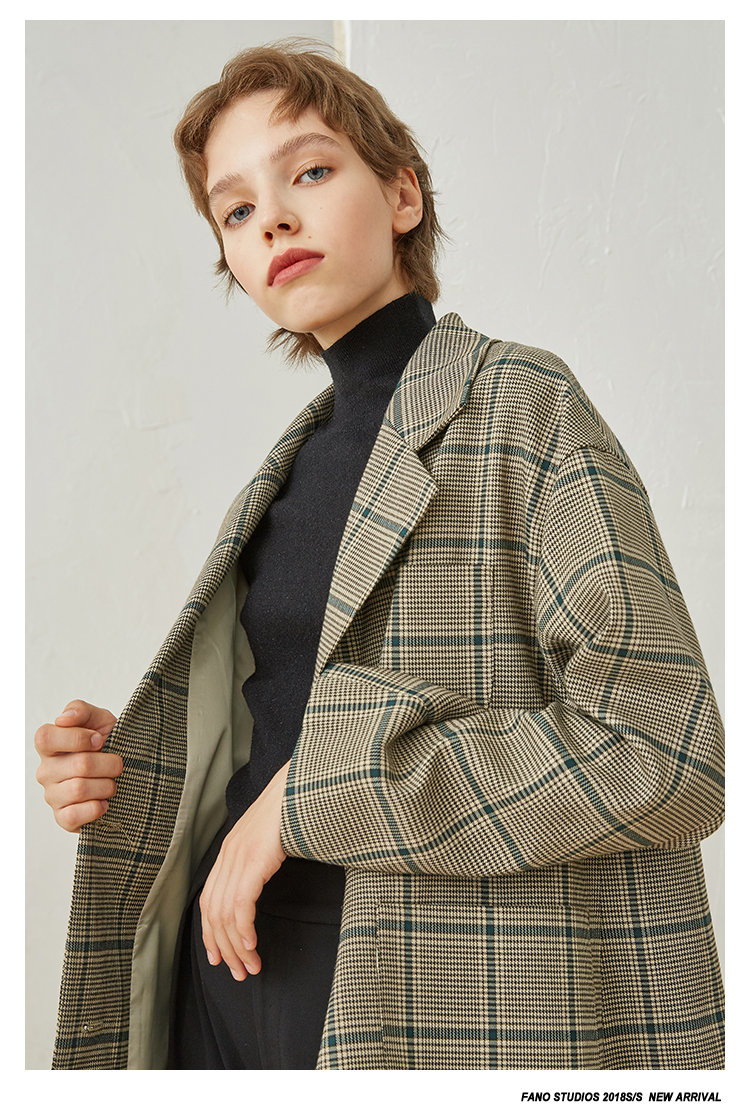 2019 mùa thu mới Hàn Quốc giản dị xanh lá cây kẻ sọc retro kẻ sọc hai khóa chic chic phù hợp với áo khoác nữ vest trắng nữ