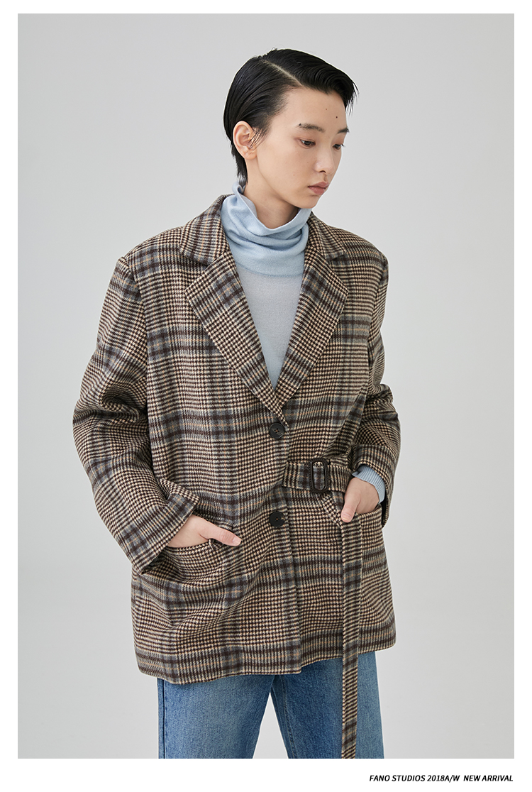 Mùa đông 2018 mới lưới houndstooth màu cà phê ca rô hai khóa chic chic đai dày phù hợp với áo khoác nữ bộ vest chân váy