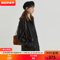 范洛2024春季新款慵懒复古风黑色翻领环保pu皮衣机车服夹克外套女