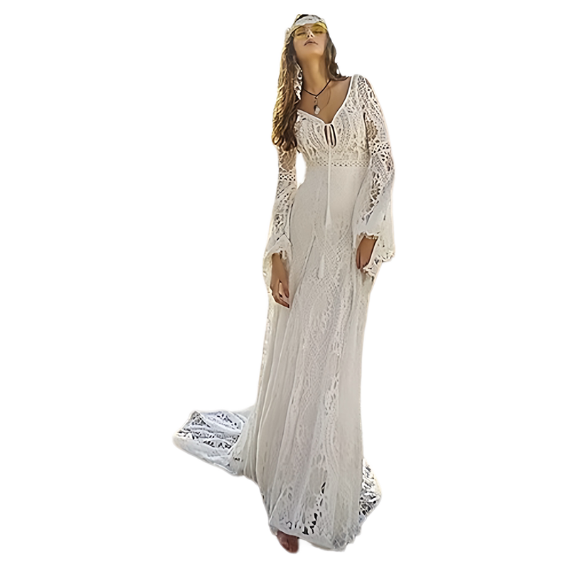 Bohemian Style Trumpet Sleeves Lace Backless Elegant Bride Outdoor Lawn Wedding Dress Beach Travel Photography Light Wedding Dress