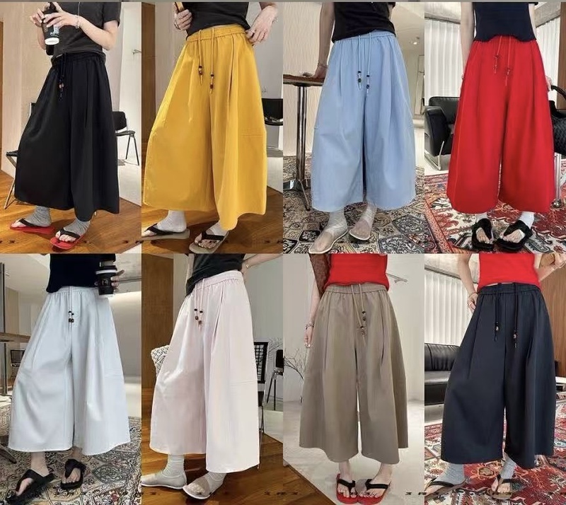 Capri Pants European Style Summer New High-End Stylish Thin Pants Drawstring Elastic High Waist Loose Wide-Leg Pants Women 801