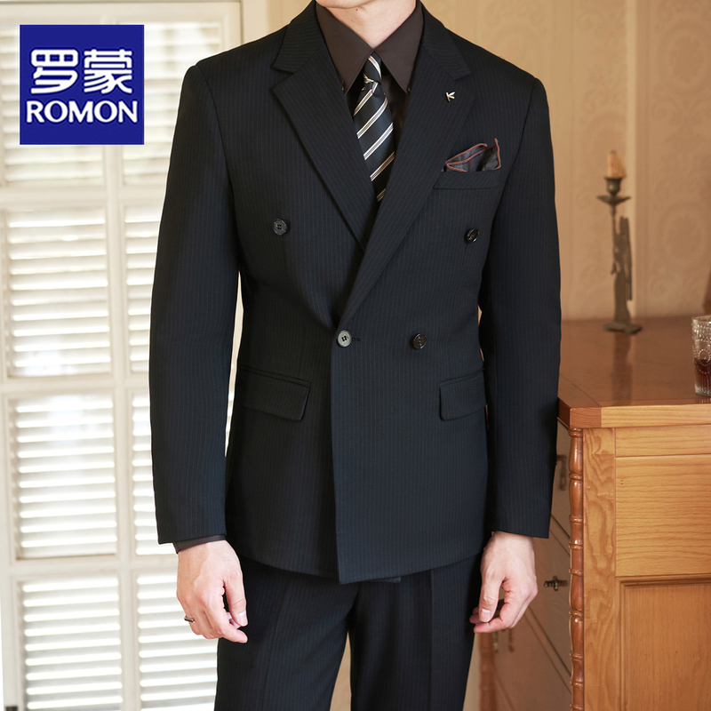 Romon Suit Set Men's Business Formal Wear Casual Slim Double-Breasted Striped Groom Wedding Suit Men's Suit