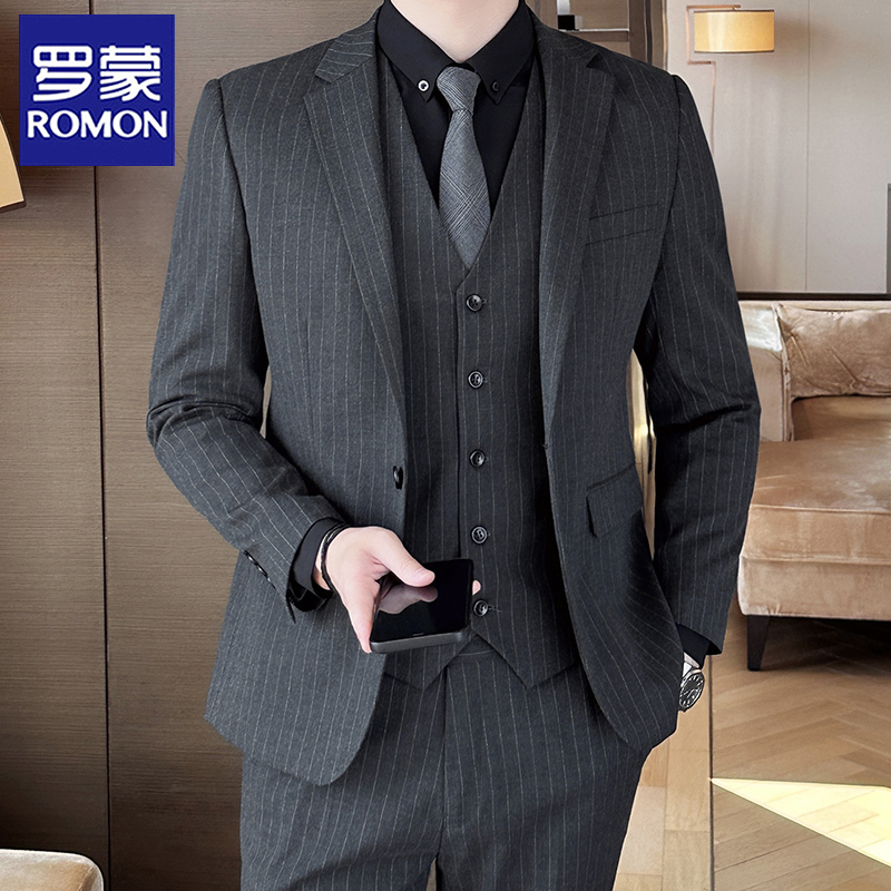 Romon Striped Suit Set for Men, Three-Piece Slim Fit Groom Wedding Suit, Professional Formal Wear, Small Blazer for Men