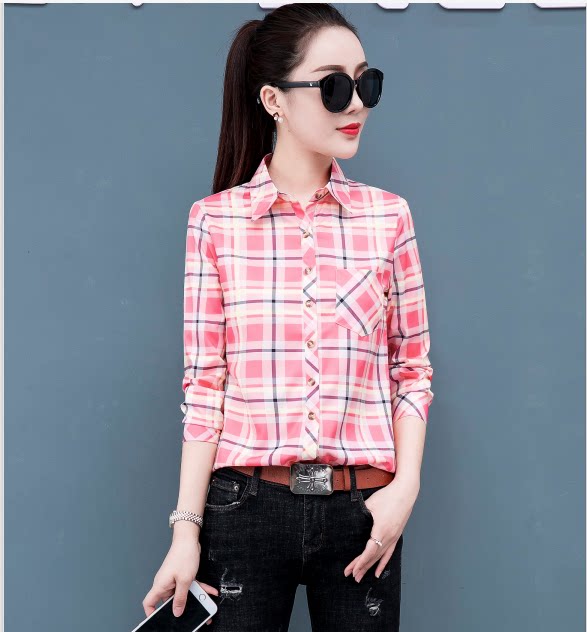 2019 Spring New Autumn Professional Tops Versatile Slim Korean Style Jacket Plaid Shirt Women's Long Sleeve Large Size Shirt