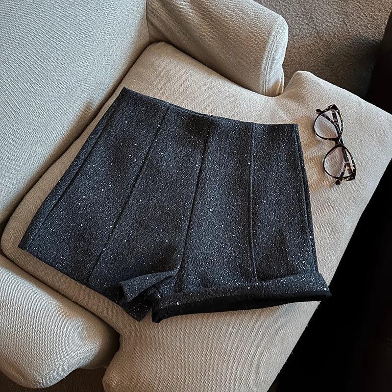 Chanel-Style Gray Sequin Shorts for Women, Spring High-Waisted A-Line Suit Wide-Leg Pants, Outerwear Woolen Boot Pants