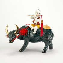 Jingdezhen Ceramic Feng Shui Daqingniu Art Sculpture Ornament Shepherd Boy Riding Niu Parade Living Room Decoration Zhaocai Town House