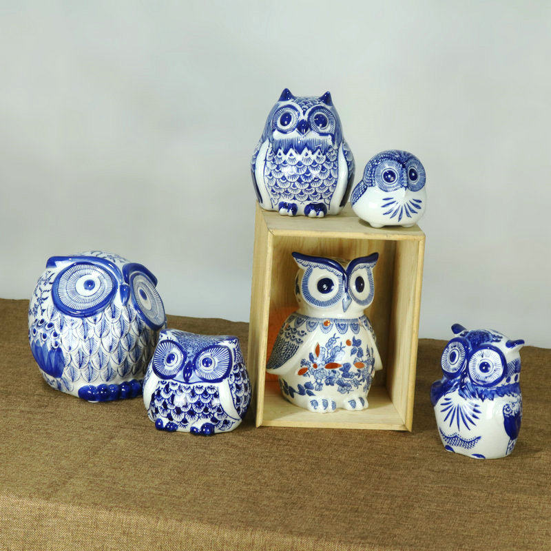 Jingdezhen Porcelain Blue and White Porcelain Candle Holder Chinese European Style Owl Ceramic Candle Holder Ornament