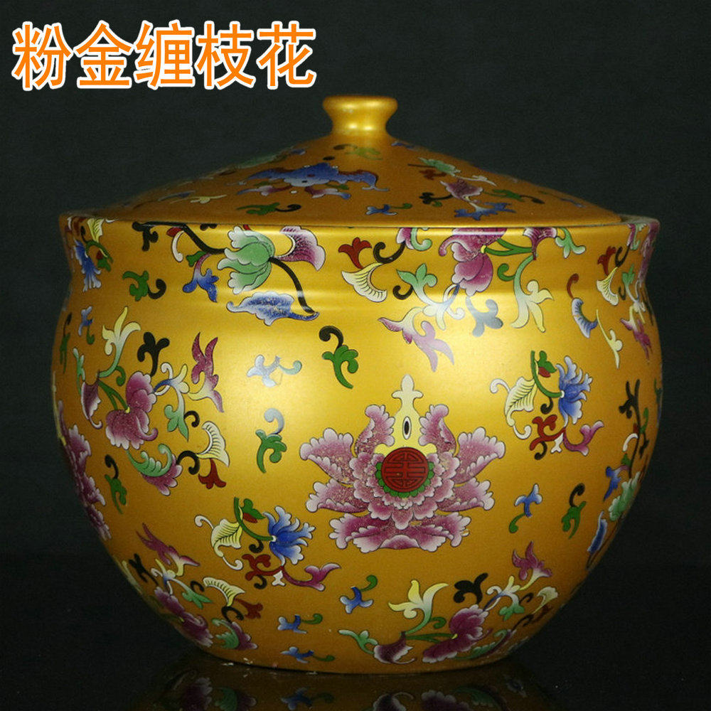 Jingdezhen Ceramics 10 kg large yellow - floor rice barrel pickled meat barrel with lid storage tank