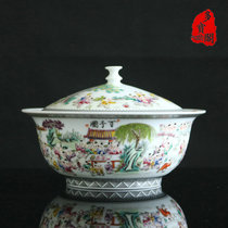 Jingdezhen ceramic folk master Baizi Wang Rongjuan hand-painted pastel cover bowl "Baizi Tu" ornaments collection