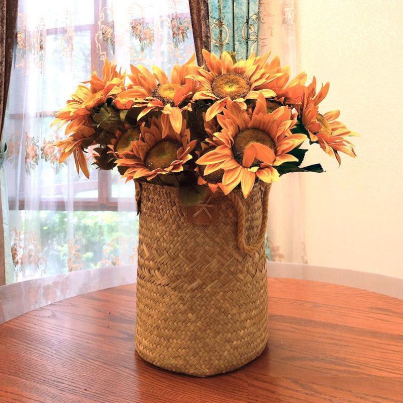 Vintage Nordic straw vase Flower basket Living room decoration simulation sunflower dried flower arrangement Flower basket woven flower device