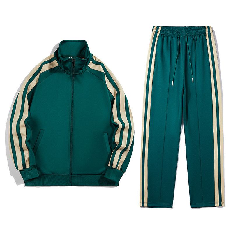 High-Quality South Korean Silk Zipper Sweatshirt Set, American Retro Striped Stand-Up Collar Sports Jacket for Men and Women, Autumn and Winter, Green