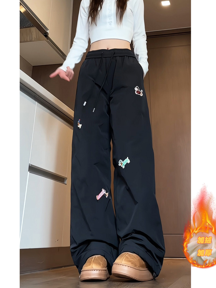 Tangshi Group Desso Women's Winter Cotton Pants New Style with Added Cotton for Warmth, Slimming, Dachshund Embroidery, Ski Casual Pants