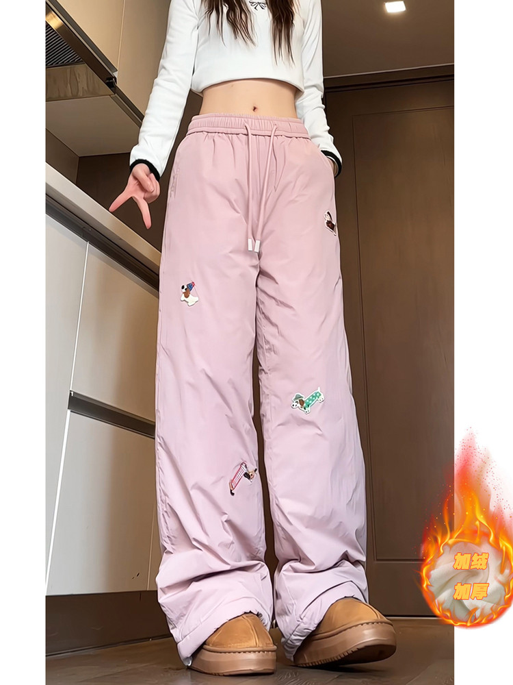 Tangshi Group Desso Women's Winter Cotton Pants New Style with Added Cotton for Warmth, Slimming, Dachshund Embroidery, Ski Casual Pants