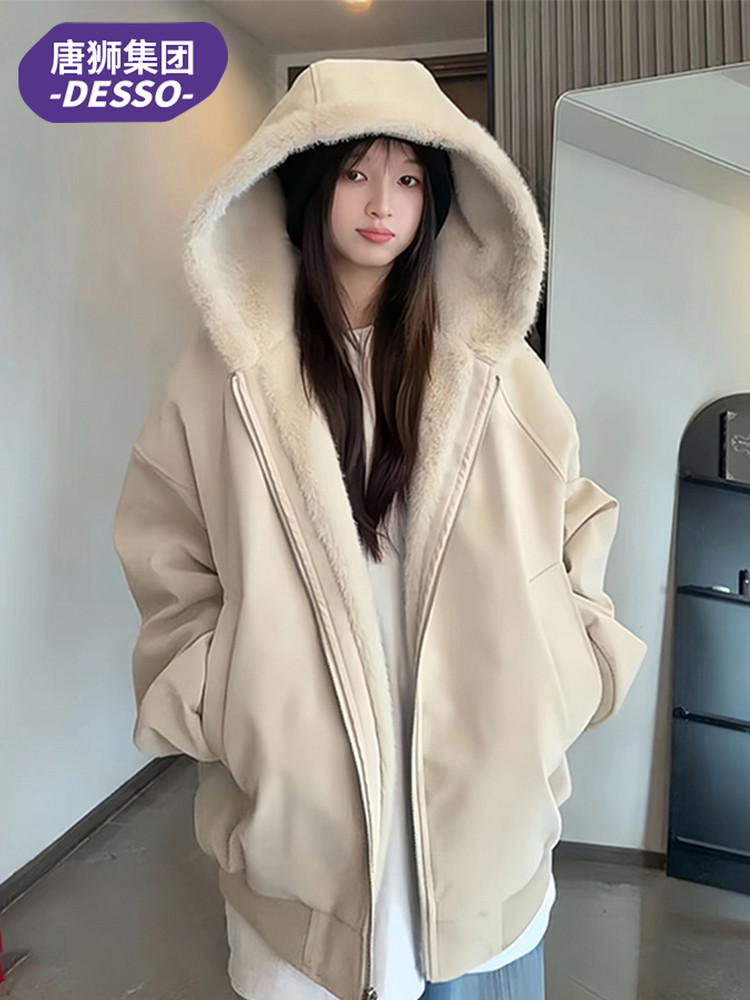 Tangshi Group Desso American-Style Hooded Leather Cotton Jacket for Women, Winter 2025, Thickened, Warm, Rabbit Fur-Proof Cotton Coat