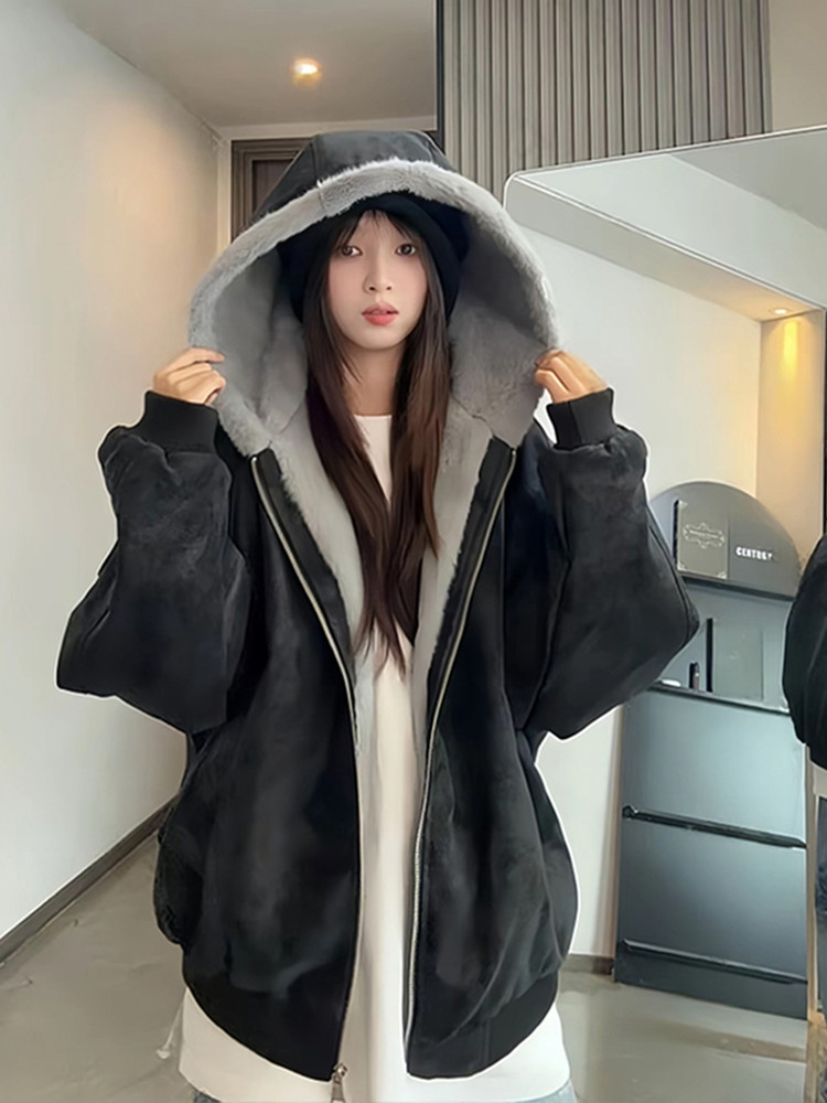 Tangshi Group Desso American-Style Hooded Leather Cotton Jacket for Women, Winter 2025, Thickened, Warm, Rabbit Fur-Proof Cotton Coat