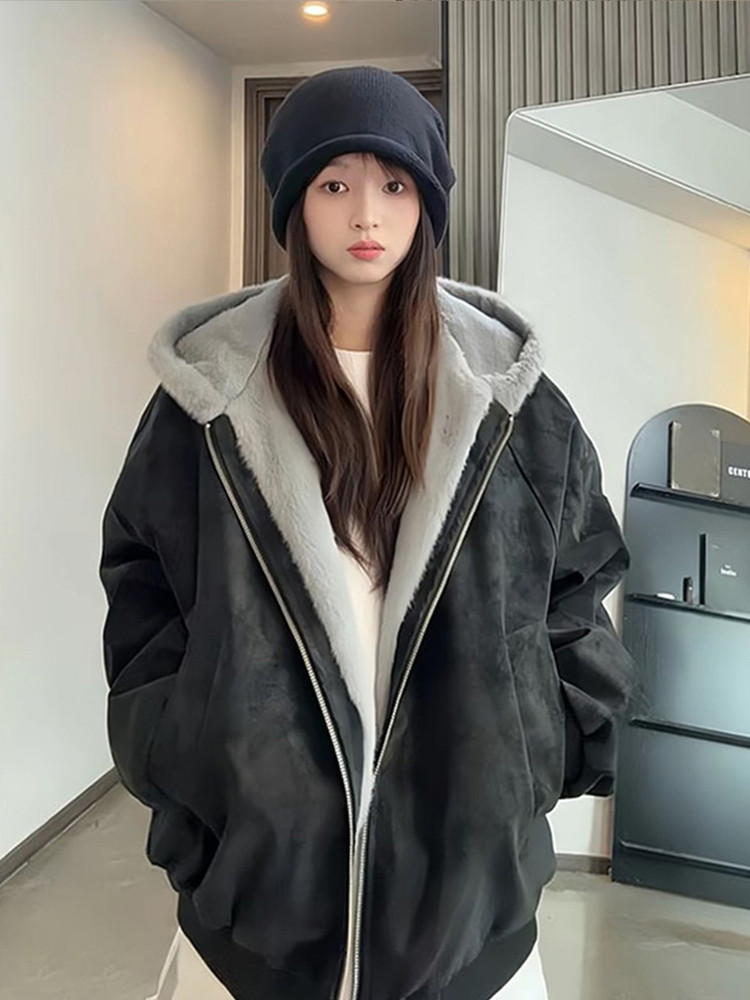 Tangshi Group Desso American-Style Hooded Leather Cotton Jacket for Women, Winter 2025, Thickened, Warm, Rabbit Fur-Proof Cotton Coat