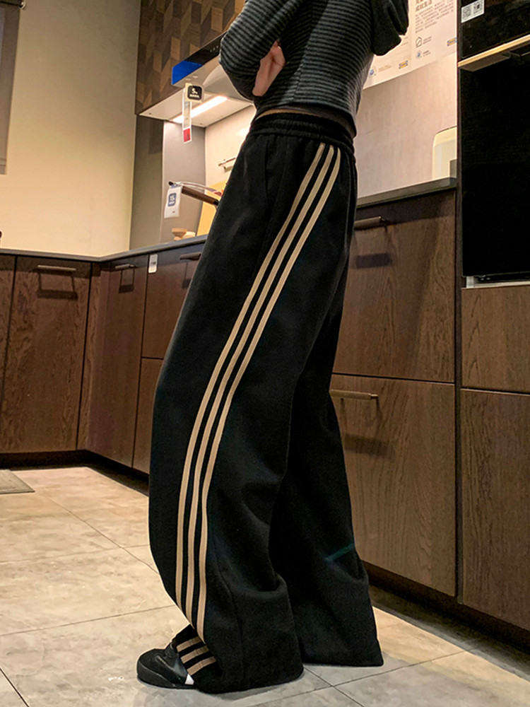 Tangshi Group Desso Three-Stripe Sports Sweatpants for Women, New Autumn and Winter Wide-Leg Pants, Loose Straight-Leg Casual Long Pants