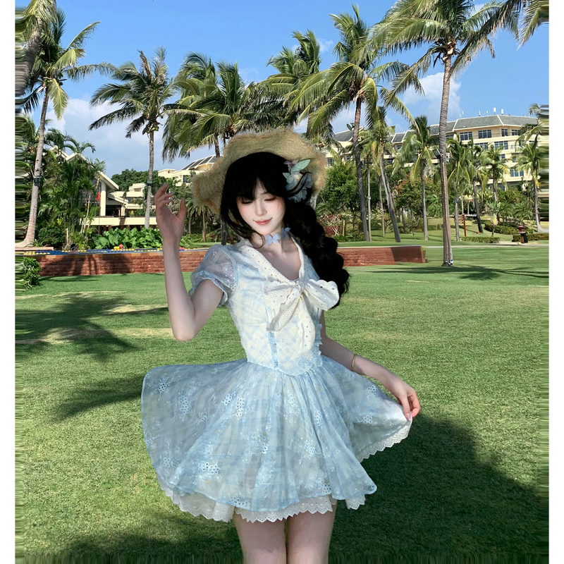 Blovelan Sea Salt Iced Tea Fresh and Sweet Lace Embroidery Patchwork A-Line Short Skirt Slimming and Height-Enhancing Dress