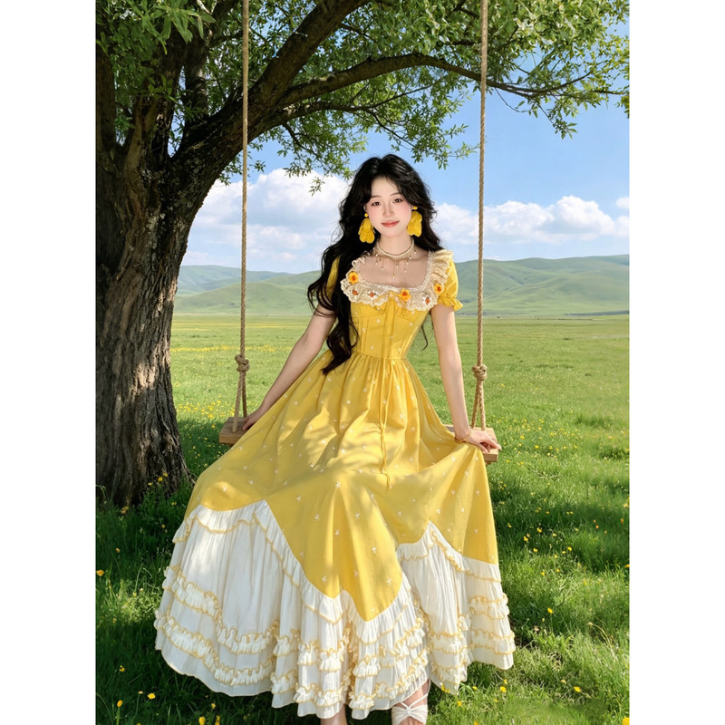 Blovelan Golden Chrysanthemum Story Summer Vitality Bright Yellow Square Neck Embroidered Contrast Color Cake Hem Princess Dress