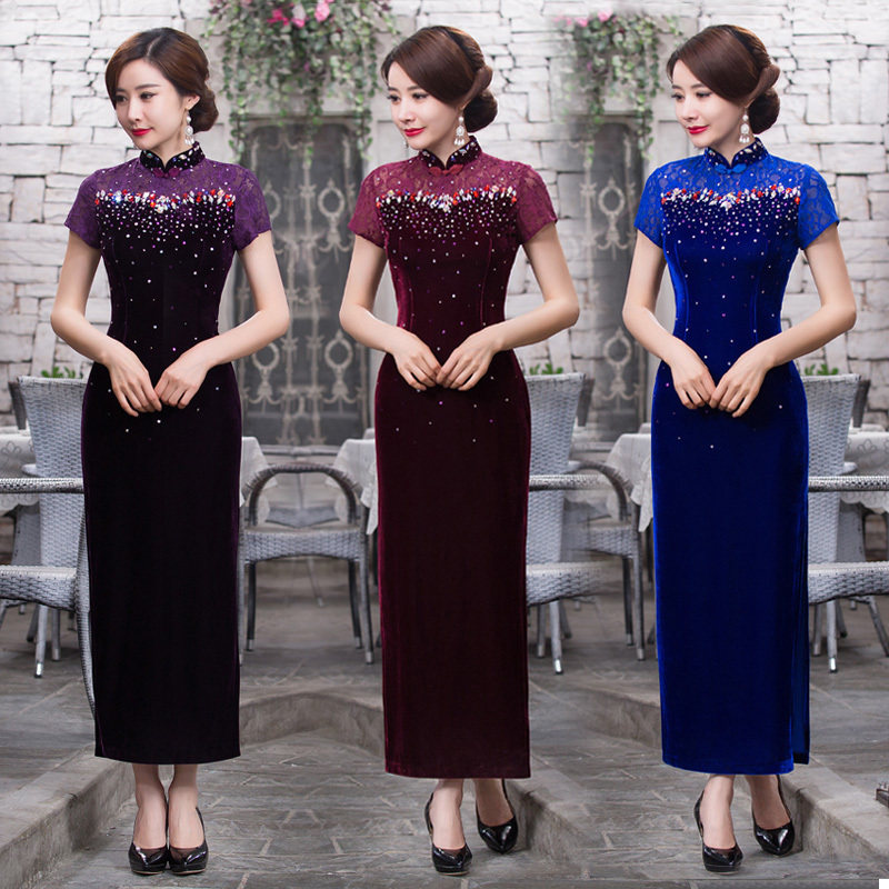 (Cheongsam off code clearance)Vintage lace slim slim mom wedding banquet long dress