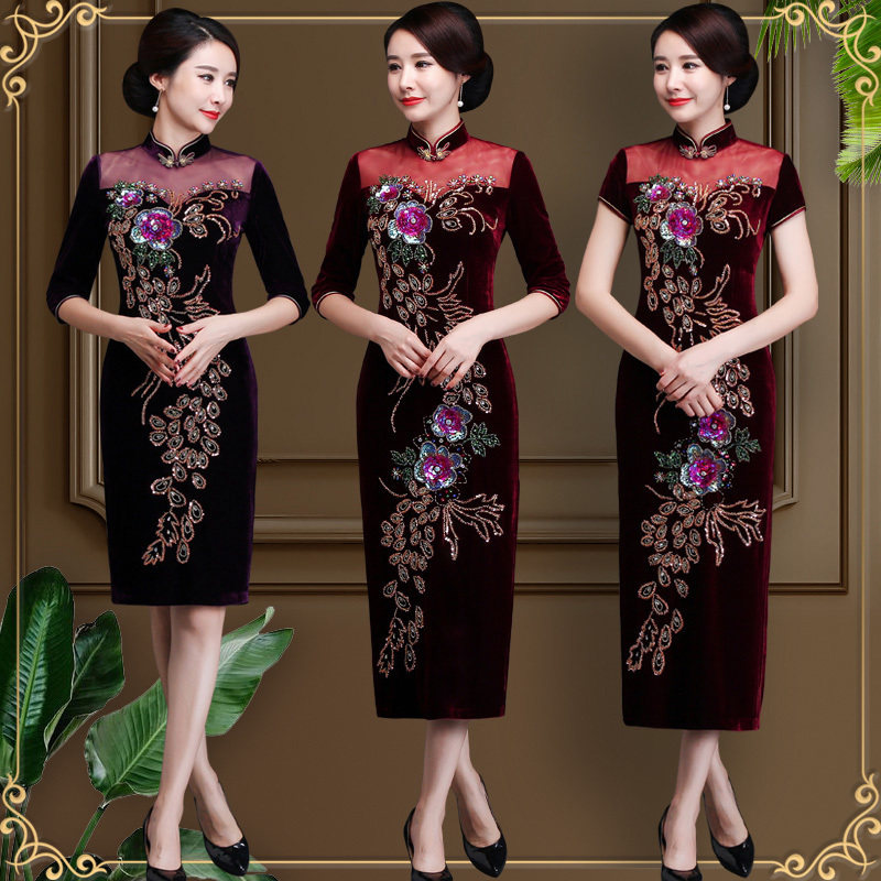 (Cheongsam broken yard clearance) high-grade fashion improved velvet long mother wedding banquet wedding dress