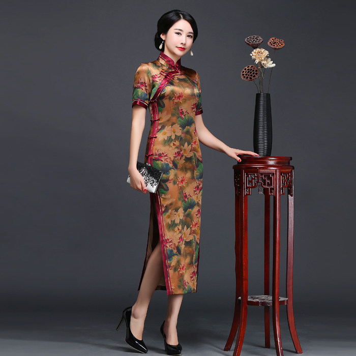 (Cheongsam off code clearance) High-end fragrant cloud yarn handmade plate buckle thin mother mulberry silk skirt