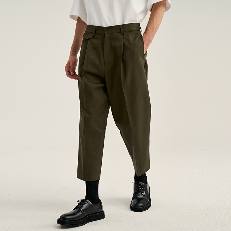 Jarvistorm Japanese Style Trendy Single-Pleat Cropped Pants for Men, Simple Loose Fit, Slightly Tapered Straight-Leg Casual Pants, Evergreen Style