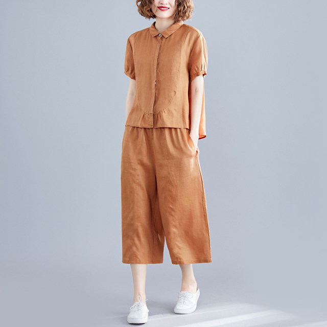 Summer new literary and artistic loose large size splicing solid color small lapel cotton and linen shirt cropped wide-leg pants fashion suit