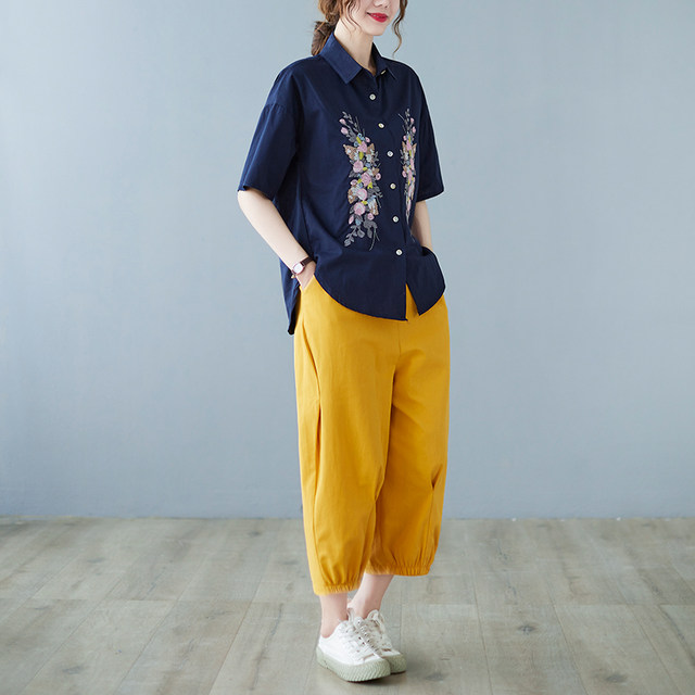 Cotton and Linen Fashion Suit Retro Flower Embroidery Shirt Elastic Waist Casual Cropped Pants Plus Size Women's Two-piece Summer