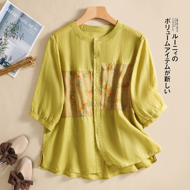 Summer literature and art color printing cotton and linen three-quarter-sleeved shirt plus size women's clothing with slits and age-reducing all-match linen top