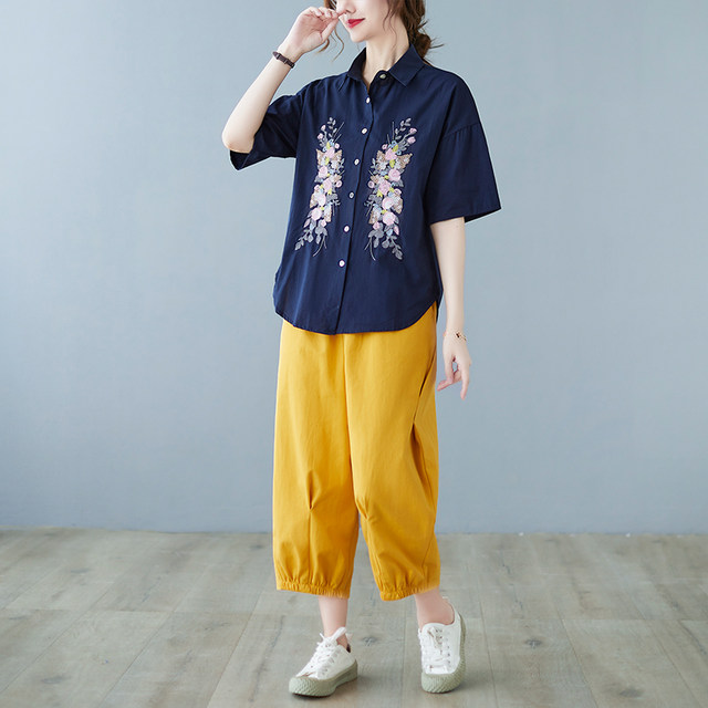 Cotton and Linen Fashion Suit Retro Flower Embroidery Shirt Elastic Waist Casual Cropped Pants Plus Size Women's Two-piece Summer