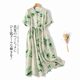 Retro Buckle Ramie Print Dress Summer Plus Size Women's Stand Collar Short Sleeve Drawstring Waist Long A-Line Skirt