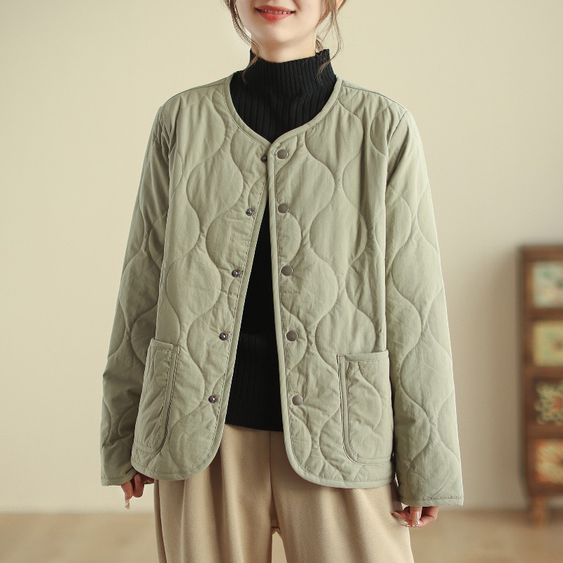 Lightweight Solid Color Quilted Padded Jacket Plus Size Women's Casual Versatile Round Neck Cotton Coat Loose Cotton Clothing Winter