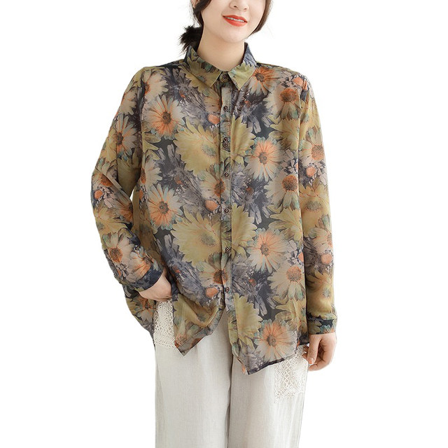 Literary retro silk linen printed long-sleeved shirt plus size women's clothing for age reduction all-match irregular floral lapel shirt spring